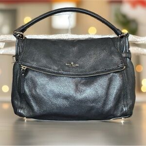 Kate Spade New York Black Soft Luxe Pebbled Leather Zip Folder Over Shoulder Bag